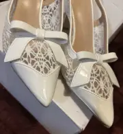 NIB Women's Mesh White Slingback Med Heels-Pointed Toe-Low Heel Pumps With Bow