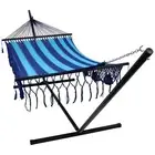 2-Person Cotton/Nylon Hammock with Steel Stand and Fringe - Blue by Sunnydaze