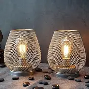 JHY DESIGN Set of 2 Metal Cage Bedside Lamps Battery Powered, Vintage Cordless Table Lamp LED Light for Living Room Bedroom Home Weddings Balcony Party Lounge Indoor Hallway Garden(Gold)