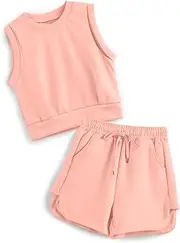 [Handfrog] Girls 2 Piece Outfits 2024 Trendy Clothes Summer Cute Sleeveless Tops Shorts Clothing Sets Activewear