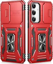 [OLHAOMAO] Case for Galaxy S23 FE with Stand, Magnetic Ring Stand, Sliding Camera Cover, Military Lens Protective Case for Samsung S23 FE 6.4 Inches, Red