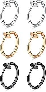 [Generic] Williams 6pcs Clip On Fake Lip Nose Septum Belly Rings Faux Helix Earring Stainless Steel Non Pierced Percing Jewellery, one size, Stainless Steel, No Gemstone
