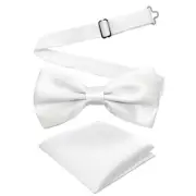 Adjustable Bowtie and Pocket Square Men Bowtie and Handkerchief Solid White