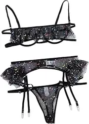 [Lilosy] Sexy Underwire Strappy Colorful Kawaii Cute Mesh Sheer Ruffle Garter Belt Lingerie Set See Through Bra and Panty 3 Piece Star Print Black Small, Multi-color