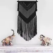 Boho Macrame Woven Wall Hanging - 16 in x 36 in Modern Bohemian Tapestry Black