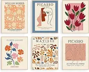 KBKBART Flower Market Posters Set of 6,Abstract Wall Art Prints Exhibition Poster Set,Vintage Matisse Print Picasso William Morris Painting Pictures,Minimalist Gallery Mix(8x10inch,Unframed),beige