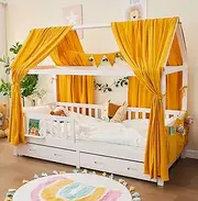 ALAVYA HOME® 3-Piece House Bed Decoration Set with 2 Pieces Bed Canopy I 1 Piece Bunting 300 cm Long for Children's Bed I 100% Organic Muslin Cotton I GOTS Certified I 125 x 350 cm I Mustard Yellow