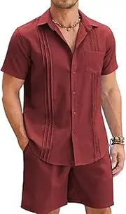 [COOFANDY] Men's Linen Sets 2 Piece Hawaiian Vacation Matching Shirt and Shorts Set Wine Red, Wine Red