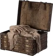 Vintiquewise Wooden Brown Storage Trunk with Faux Leather Straps and Handles, Large