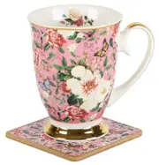 Floral Garden Pink Flowers Decorative Ceramic Tea/Coffee Mug & Coaster Set 360ml