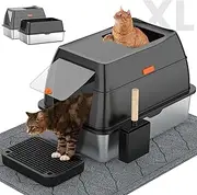 LOBEVE Stainless Steel Cat Litter Box with Lid,Front Entry Top Exit Kitty Litter Box,Extra Large Enclosed Metal Litter Box with Litter Scoop & Litter Mat-Black