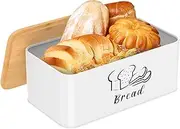 Metal Bread Box With Bamboo Cutting Board Lid Generous Capacity Bread Storage Bin Easy Cleaning Breathable Bagels Storage Container for Kitchen Countertop(white)