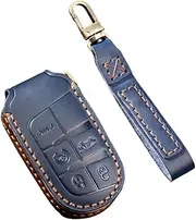 Genuine Leather 4 5 Buttons Smart Key Fob Case Cover Compatible For Jeep Cherokee Wrangler Compass Renegade Grand Patriot Grand Keychain(5 button blue)