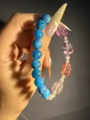 Unique Natural Fluorite , Blue Apatite Elastic Bracelet/Pixiu