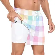 [GuoChe] Mens Beach Shorts Men 2 in 1 Running Shorts Geometric Plaid Colorful Phone Pocket Volleyball Shorts Lightweight