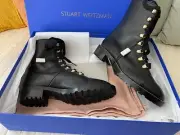 Stuart Weitzman Kolbie Leather Combat Boots, Cranberry Color, NIB, Size 7