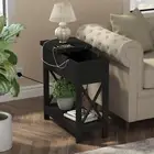 End Table with Charging Station - Narrow Flip Top Side for Small Spaces, Bedside