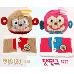 DL韓國小猴子毛線帽+圍脖兩件組【JD0005】冬季保暖聖誕帽 毛帽 童帽