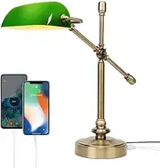 FIRVRE Green Glass Bankers Lamp with 2 USB Charging Port Desk Lamp Table Lamp Touch Control Reading Lamp 3 Way Dimmable Office Lamp with Adjustable Arm for Home Office Workplace Library Piano