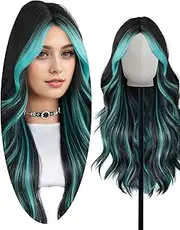Long Wavy Curly Green Highlight with Dark Roots Wig Synthetic Heat Resistant Fiber Women Wigs for Daily Party Use Middle Part Wavy Curly Wig Ombre Wigs Green & Black