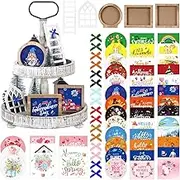 Bencailor 48 Pcs Interchangeable Seasonal Farmhouse Tiered Tray Decor Set Include Wood Frames with Ladders Cards Bow Knot,Tray Not Included(Festive)