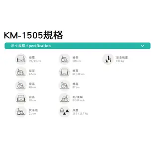 【免運送2樣好禮】康揚 鋁合金輪椅 KM-1505  鋁合金手動輪椅 輪椅 康揚輪椅 Ｂ款輪椅 輕量化量產型 18吋