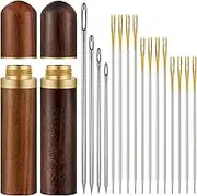 WILLBOND 24 Pcs Self Threading Sewing Needles Sets Large Gauge Needle Hand Sewing Needle Embroidery Needles with Wooden Case for Knitting Mending DIY Handsewing Art Crafts