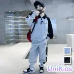 【UNIKIDS】中大童裝2件套裝撞色長袖POLO衫休閒長褲 男大童裝 VPDD-8056(灰 黑)