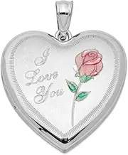 [JewelryWeb] 925 Sterling Silver Patterned Holds 2 photos Polished and satin 24mm Enameled Rose Love Heart Locket-Locket Necklace for Women