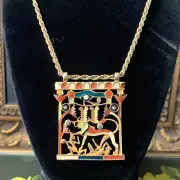 Vintage Egyptian Revival Cartouche Pendant Necklace Apis Sacred Bull Gold Tone