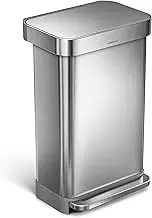 simplehuman 45 Liter Rectangular Hands-Free Kitchen Step Rubbish Bin with Soft-Close Lid, Brushed Stainless Steel