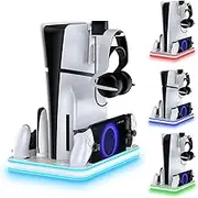 ZONEY Stand and Cooling Station with RGB LED Controller Charging for PlayStation 5 PS5 Pro Slim, PS5 Charger and PS Portal Remote Player Magnetic Charger Accessories Cooling (White)