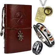 [HJYZY] Straw Hat Cospaly Luffy Necklace OP Stainless steel Ring Anime Pirate Skull Bracelet Nami Leather Writing Journal Notebook 4 Pcs, One Size, Leather, No Gemstone