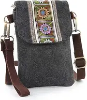 [Silkarea] Vintage Embroidered Canvas Small Flip Crossbody Bag Cell Phone Pouch for Women Wristlet Wallet Bag Coin Purse (ArmyGreen 01)
