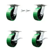 6 Inch Green Poly on Cast Iron Swivel Caster Set 2 Swivel Locks 2 Brakes SCC