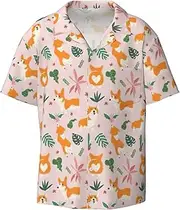 [CADREWY] Small Size Corgi Print Men's Lightweight Stylish Classic Cuban Collar Style Short Sleeve Practical Pocket