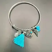 Alex and Ani Silver Bangle Bracelet Turquoise Pineapple Wing Charms Adjustable