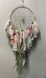 Dream Catcher 10” Dia Ring w/ Sari Streamers, Feathers, Fairy Lights Etc. Hndmad