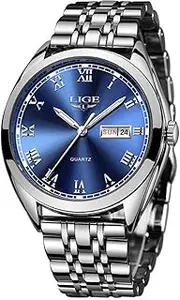 [LIGE] Fashion Stylish Stainless Steel Business Men's Analog Quartz Watch with Date Waterproof 3ATM Classic Casual Dress Watch Round Dial, Silver Blue, bracelet