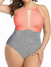 [Aqua Eve] Women Plus Size One Piece Bathing Suits Ruched Tummy Control Swimsuit High Neck Mesh Swimwear