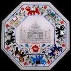 White Marble Coffee Tabletop Semi Precious Stone with Elephant & Tajmahal Design