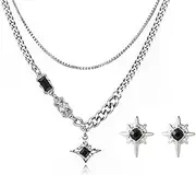 [LYLYMIMI] Men's Layered Choke Necklace Earring Set, Octagonal Pendant Necklace Multi layered Striped Disc Necklace Adjustable Women's Layered Choke Necklace