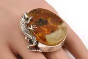 Vtg Signed Sterling Silver 925 Gecko Amber Gemstone Adjustable Ring Size 7