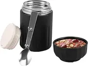 600ml Stainless Steel Wide Mouth Food Flask Leakproof Insulated Food Jar with Folding Spoon Safe Portable Soup Thermal Mug for Water Soup Snack(Black)