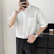 Short-Sleeve Plain Button-Up Shirt White - L