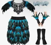 5 Pcs Gothic Halloween Costumes Feather Shawl Cape Faux Feather Skirt Gloves - M