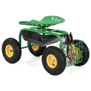 Costway Gardening Stool Cart Metal Garden Rolling Stool Rotatable Seat Adjustable w/Tool Tray Basket Green