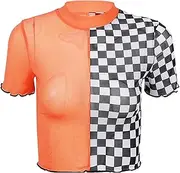 [FEESHOW] Women's Sexy See Through Mesh Crop Top Y2K Short Sleeve Slim Fit Gym Yoga Dance Top