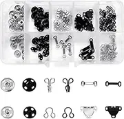 WELANE Sewing Fastener Set, 50 Pairs Metal Snap Button Sewing Hooks and Eyes Closure Set for Skirt, Trousers, Clothing (Black, Silver)