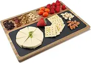Slate Serving Board Wood, Acacia Wood Serving Tray & Cheese Board, Slate Steak Bread Dinner Plate, Multipurpose for Party, Family, Kitchen, Restaurant